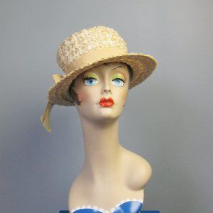 Straw Tall Crown Hat / Vtg 50s / Mr Lewis Tall Crowned Straw Ivory